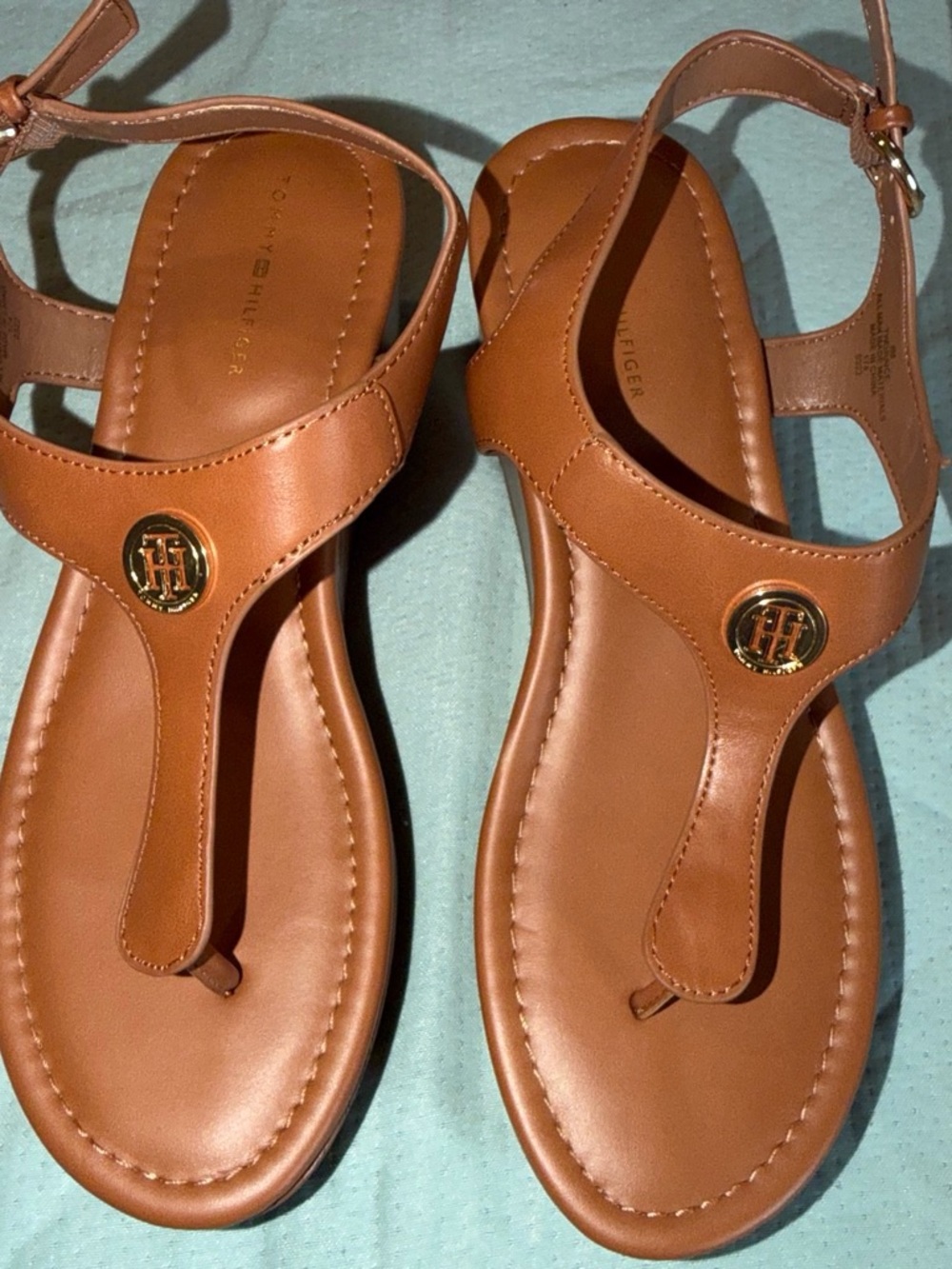 Tommy Hilfiger Brown Leather T-Strap Sandals with Gold Logo
